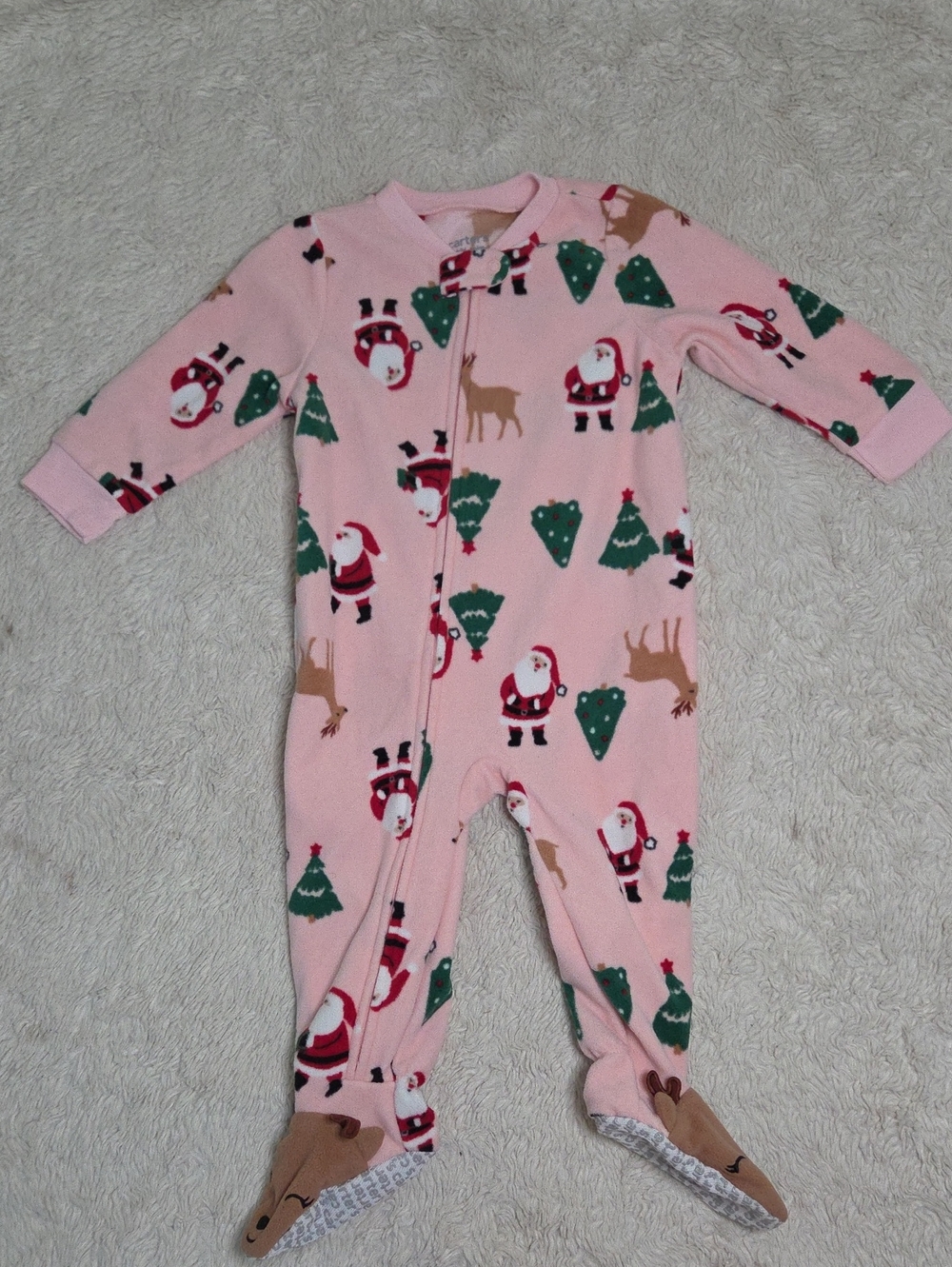 Girls Carters Fleece Pajamas One Piece Santa Christmas Sz 12 Month